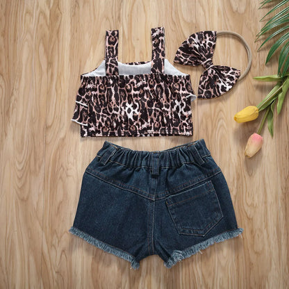 0-3Y Denim Outfits for Toddler Baby Girls Sleeveless Leopard Crop Tops vest Hipster Jean Pants Shorts 2021 Summer Clothes Set