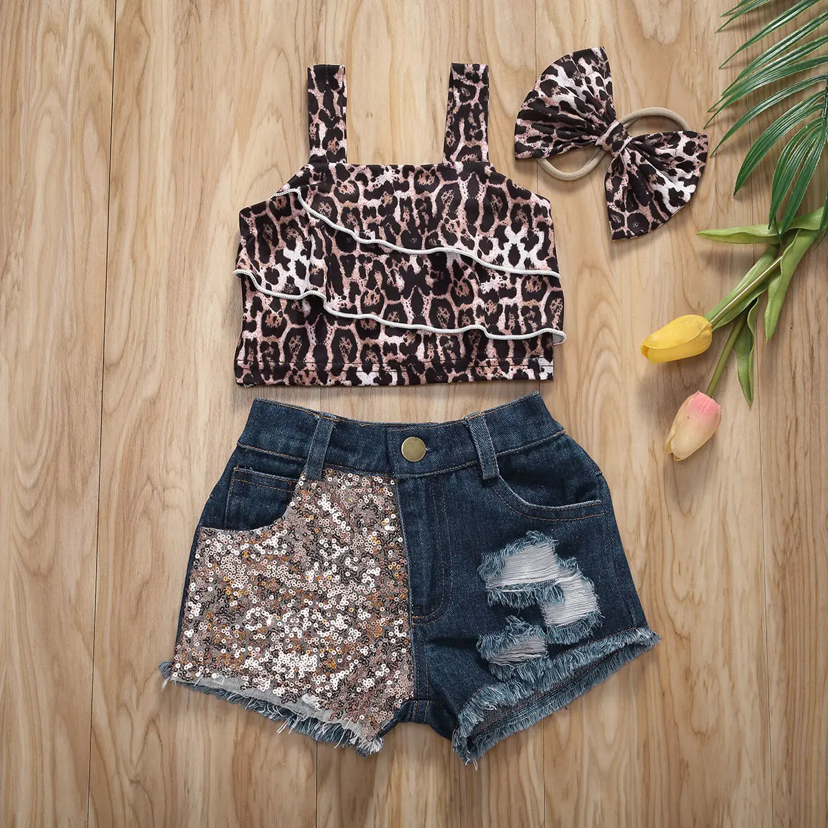 0-3Y Denim Outfits for Toddler Baby Girls Sleeveless Leopard Crop Tops vest Hipster Jean Pants Shorts 2021 Summer Clothes Set