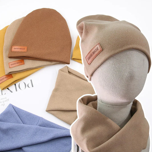 2Pcs/Lot Faux Cashmere Baby Turban Hats Scarf Set Newborn Kids Leather Stick Winter Double Layers Caps Bonnets Fashion Headwraps